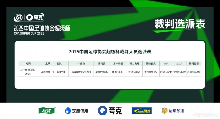  超級杯海港vs申花裁判員名單：主裁判唐順齊，VAR劉威