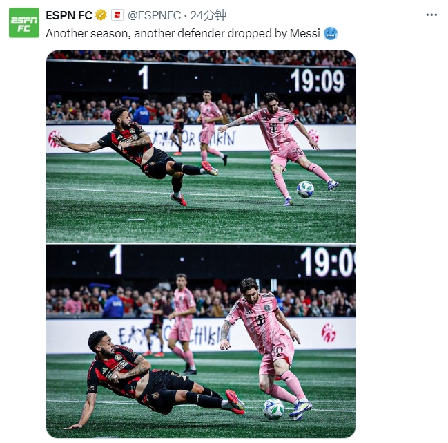  名場(chǎng)面記錄！ESPN曬照：又一個(gè)賽季，又一名后衛(wèi)被梅西扣倒